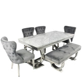 Arianna 2M Marble Top Dining Table with Lion Knocker Chairs and Bench - Pendle Village Furniture